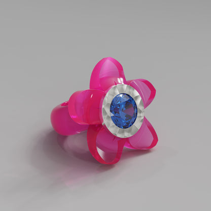 Hot Pink Hammered 5 Petal Bloom Ring - Mark Gold