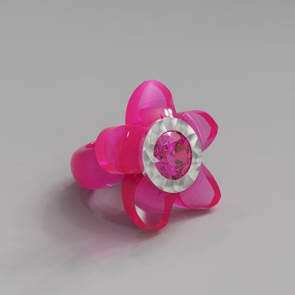 Hot Pink Hammered 5 Petal Bloom Ring - Mark Gold